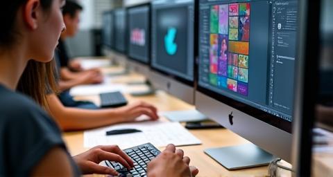 Grafik tasarım projeleri üzerinde çalışan öğrenciler