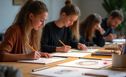 Birlikte çizim yapan öğrencilerle illüstrasyon atölyesi